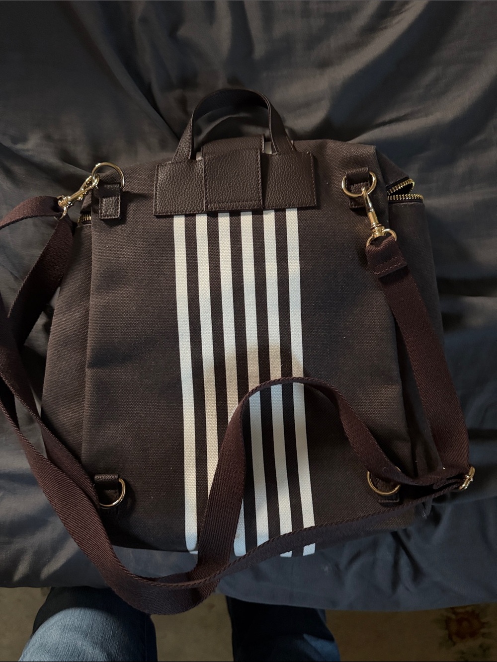 henri bendel Brown Canvas Backpack with White Vertical Stripes - Picture 4 of 5